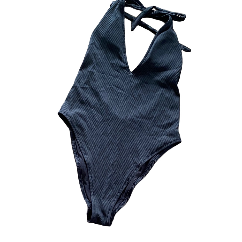 aerie black Ribbed One-Piece halter Swimsuit
